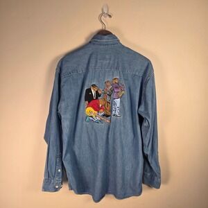 Camel Denim Button Down Shirt Mens Medium Blue Joe Camel Jazz Band Embroidered